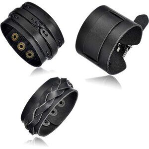 3Pcs Genuine Leather Bracelet Braided Biker Cuff Strap Punk Wide Belt